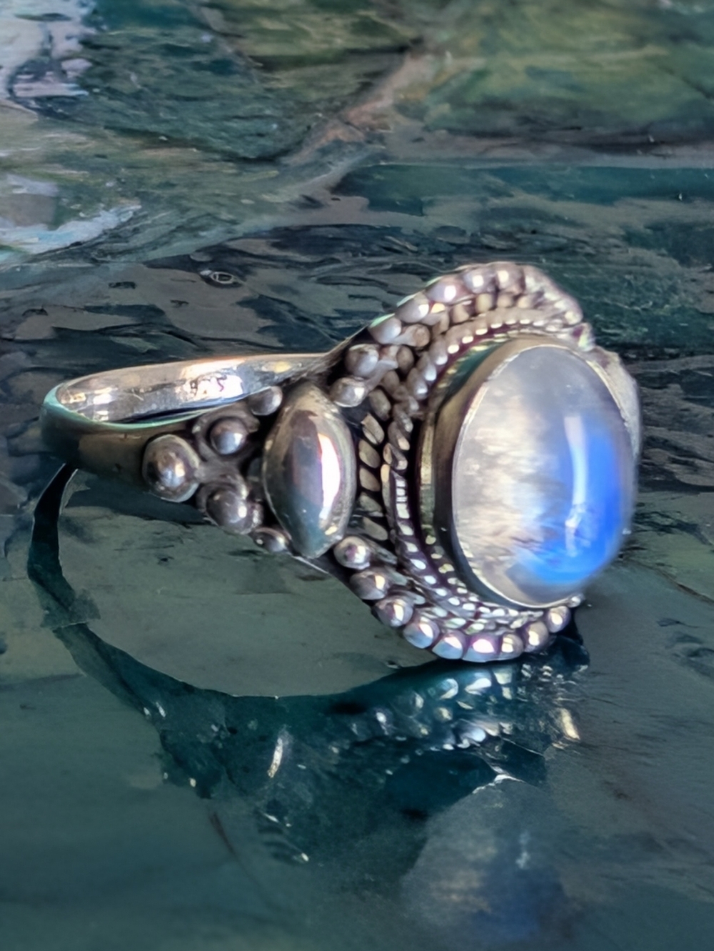 🆕 Sterling Silver Rainbow Moonstone Ring with Blue Flash Size 7 - Picture 3 of 8
